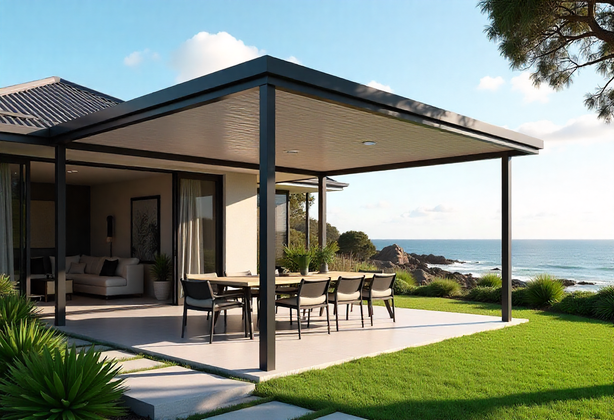 Modern Colorbond steel gazebo in an Australian coastal backyard