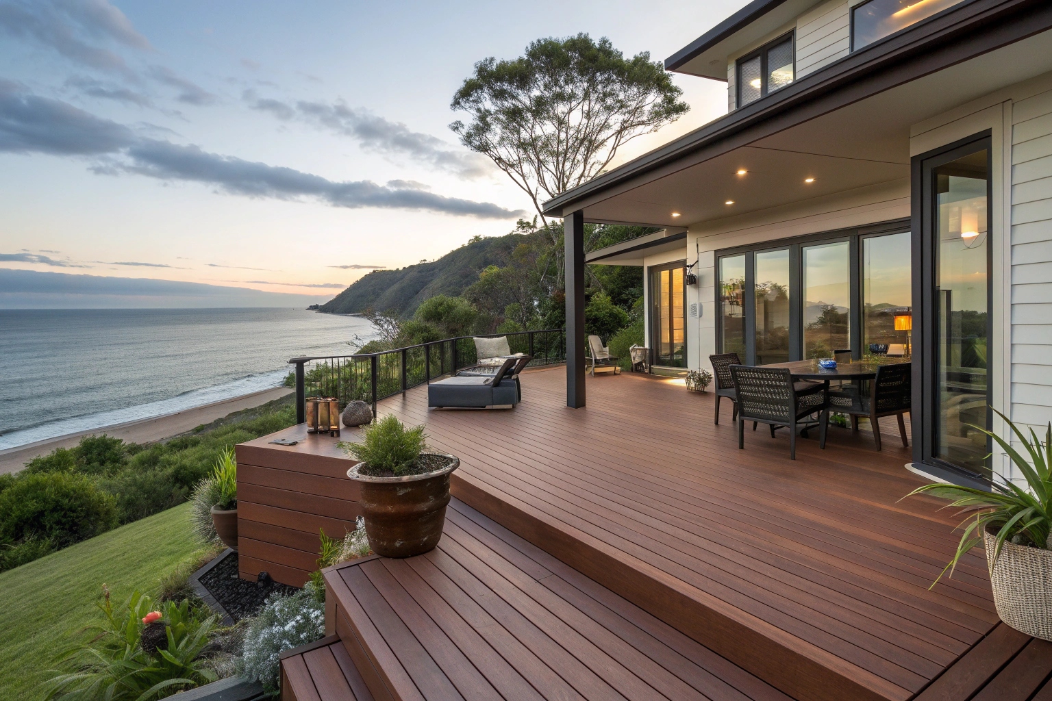 ModWood Jarrah composite deck on Central Coast home with coastal views and outdoor furniture