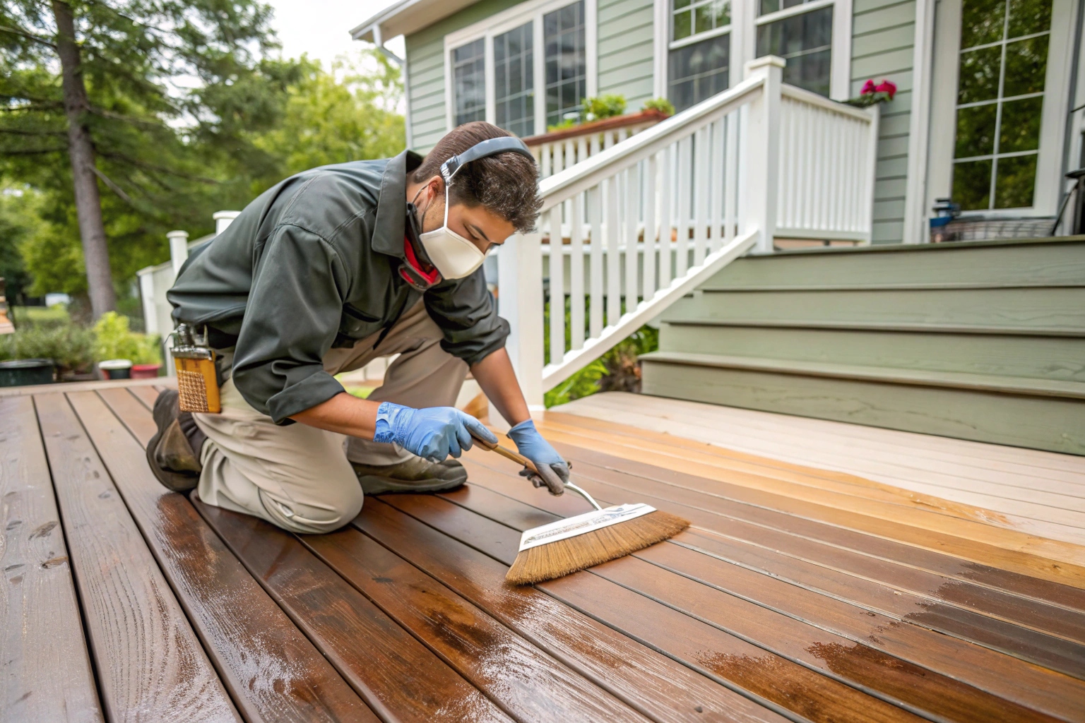 Professional deck restoration service applying protective coating to timber deck