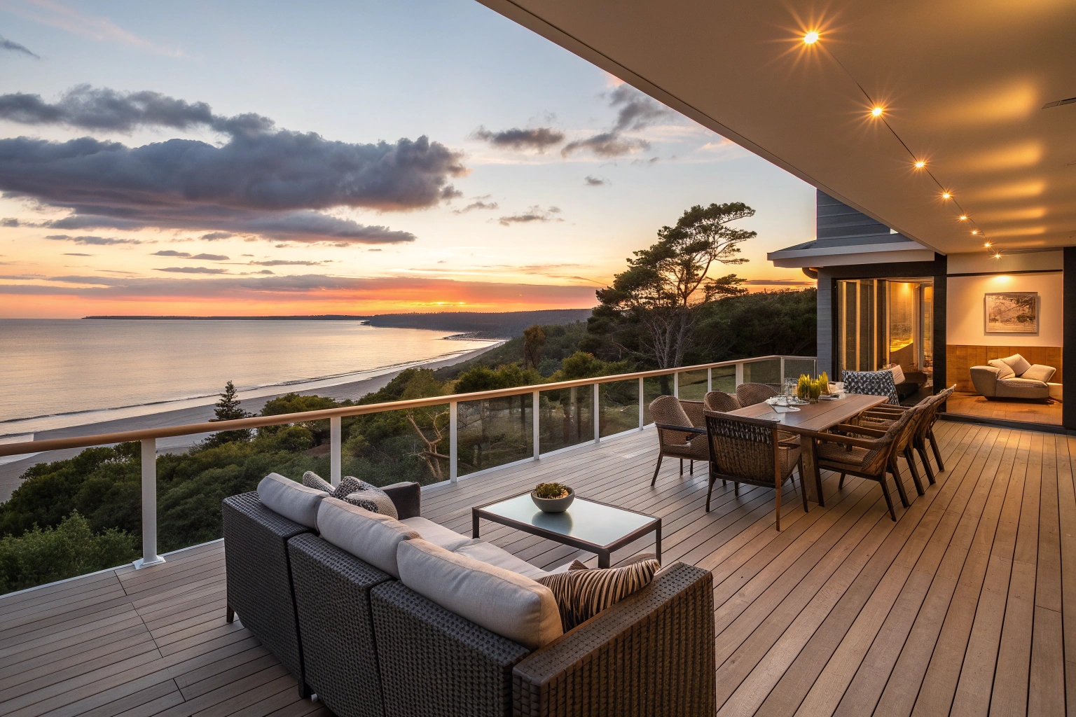 Custom deck design and build Central Coast with ocean views and outdoor entertaining area
