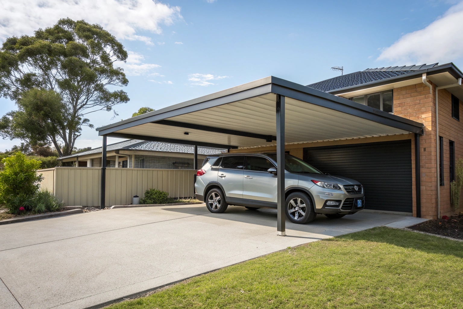 Attached flat roof carport protecting family vehicle at residential property