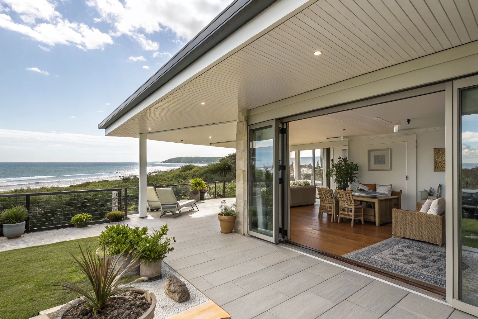 attached-patio-with-flat-roof-design-extending-fro Attached flat roof patio extending from Central Coast home with ocean views