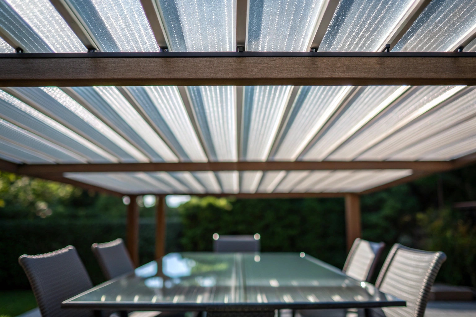 Polycarbonate patio roof panels providing natural light while protecting outdoor dining area from UV rays