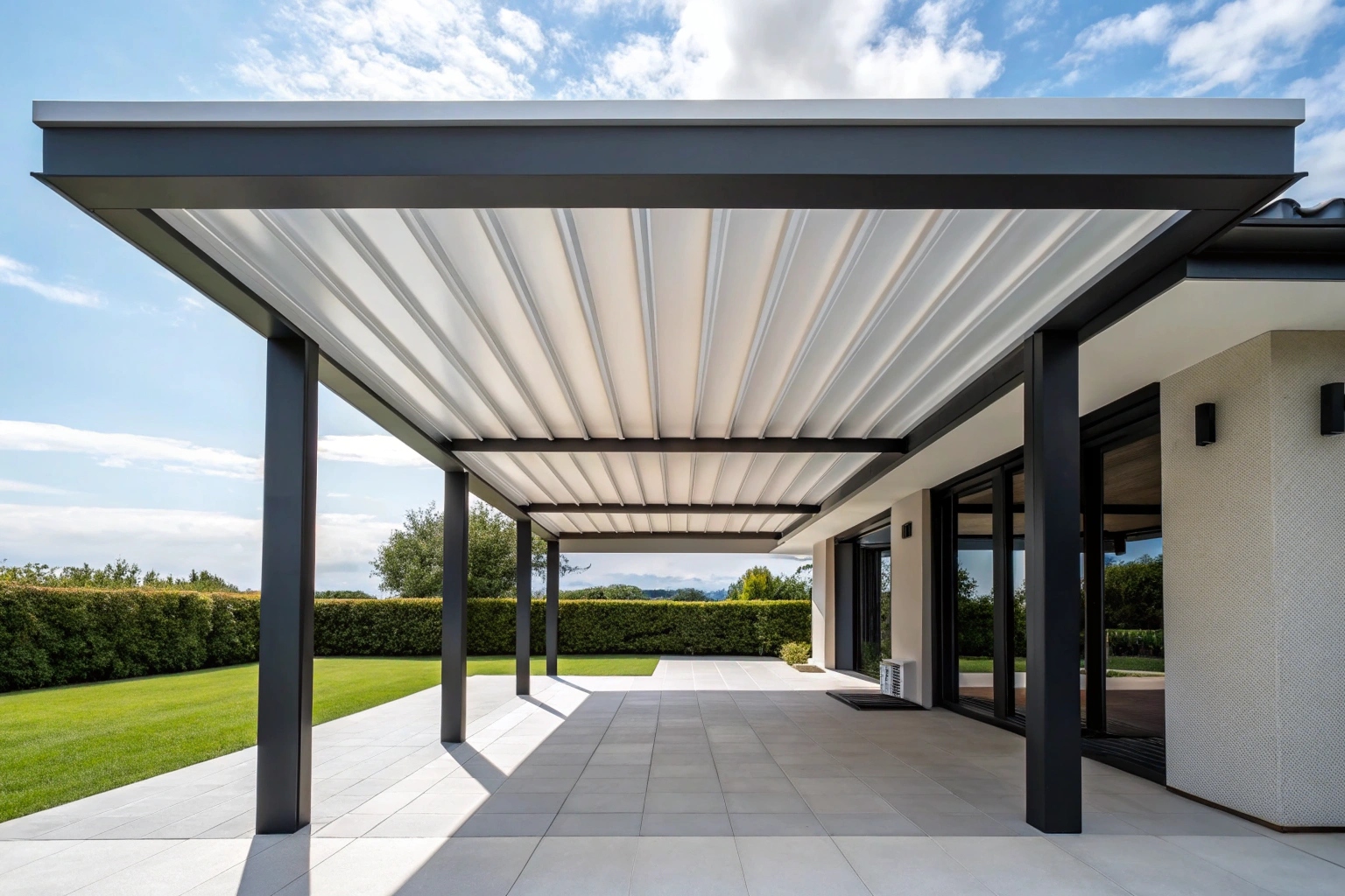 Modern flat roof patio cover with insulated panels creating comfortable all-weather outdoor living space