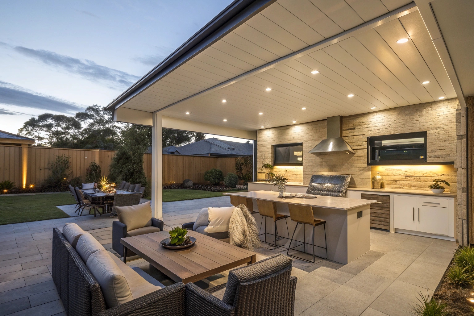 contemporary-alfresco-area-with-insulated-roof-pan Alfresco patio area with outdoor kitchen and lighting on Central Coast home