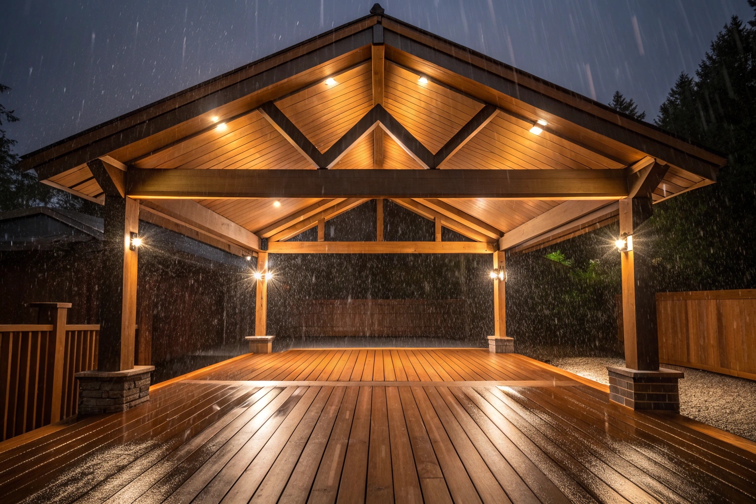 Gabled patio cover protecting deck area from rain while family enjoys outdoor space year-round