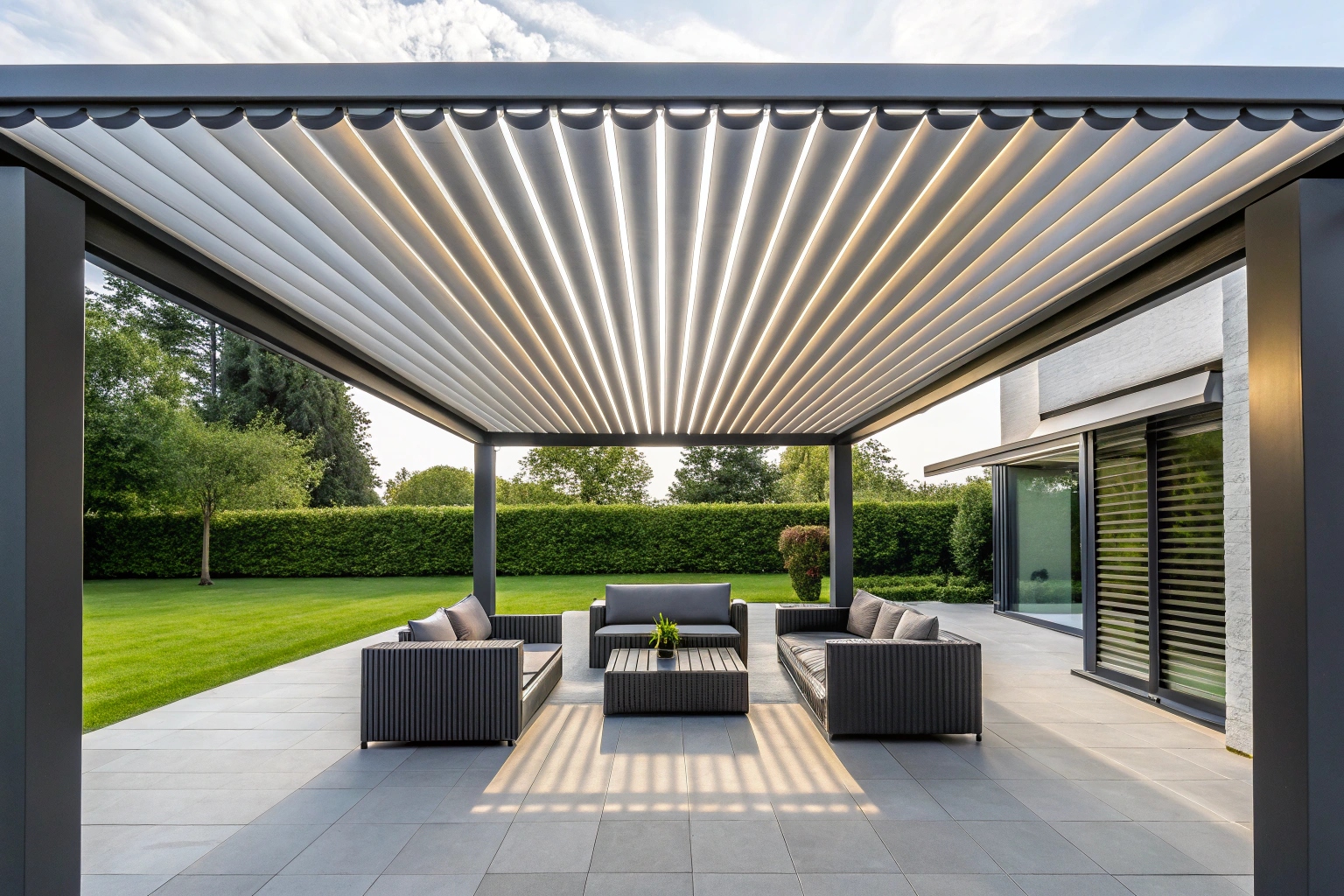 Adjustable louvred roof shade system installed on Central Coast outdoor patio
