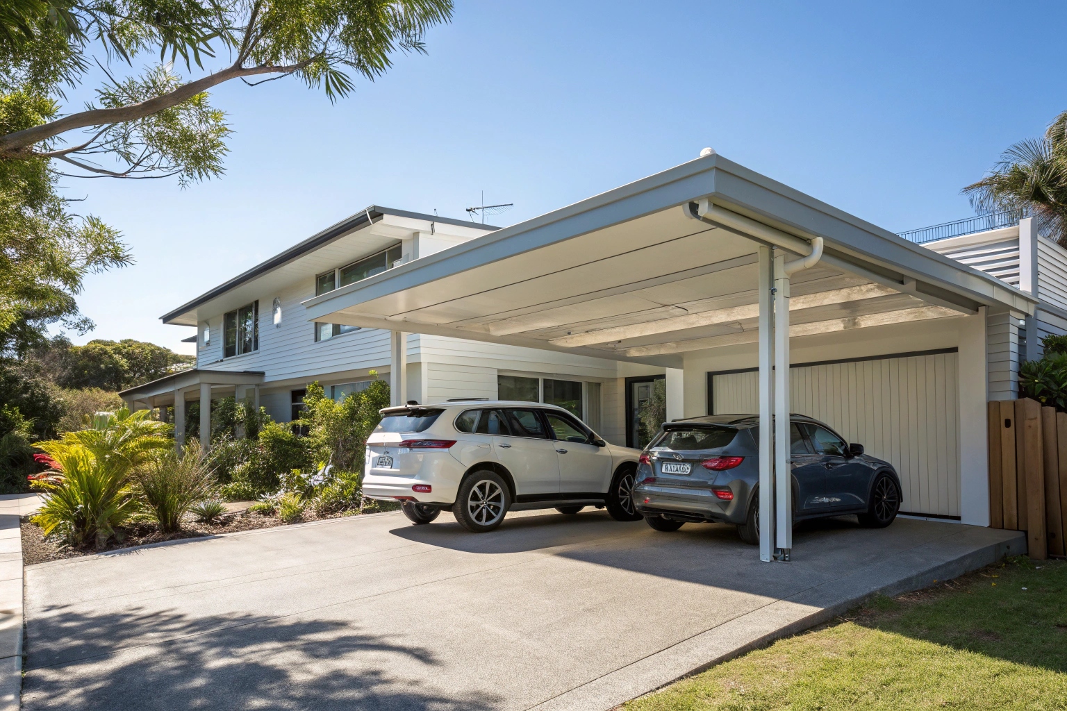 Double carport with steel roof protecting two vehicles at Central Coast home