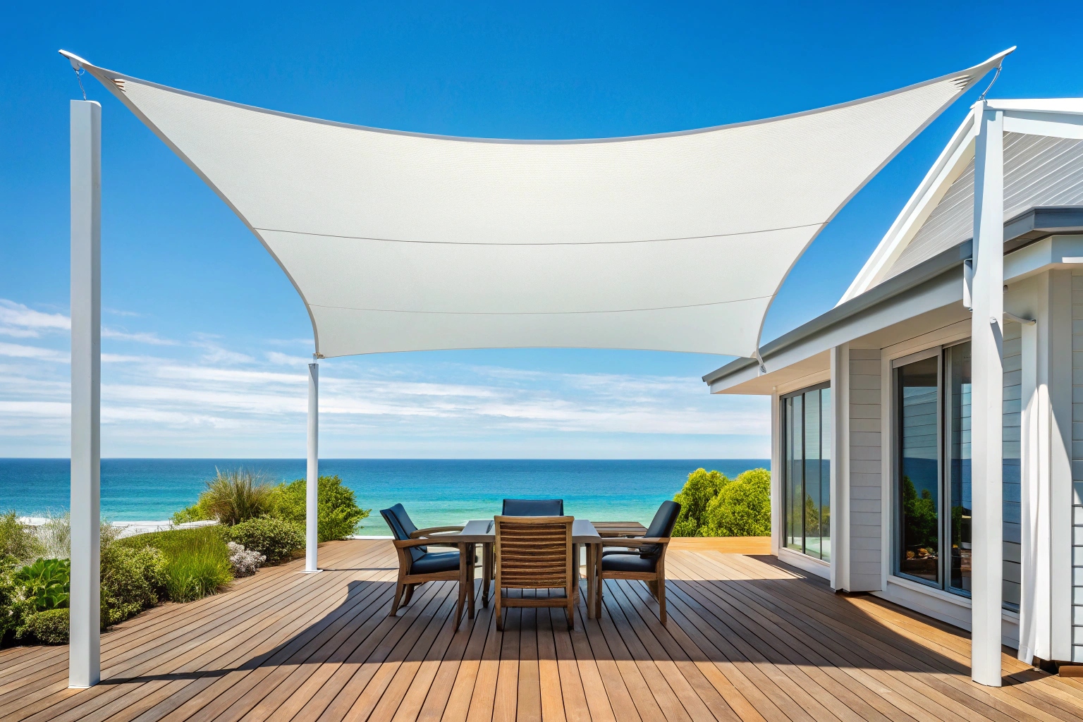 Shade sail installation over timber deck on Central Coast property providing UV protection