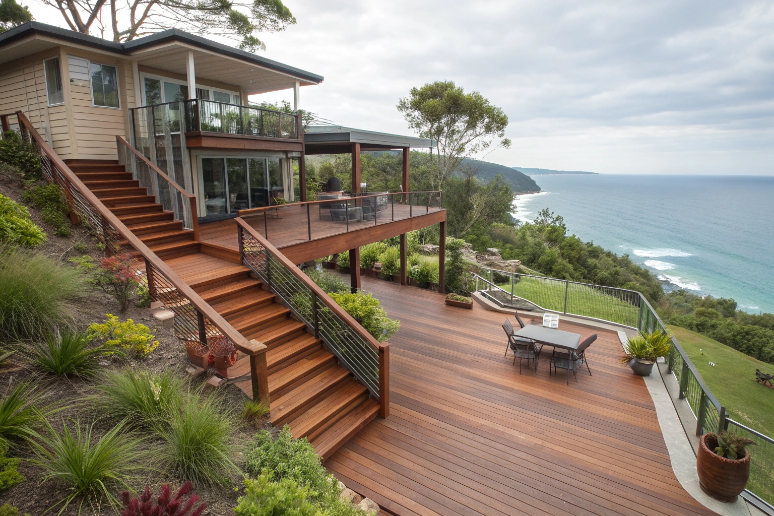 Multi-level Merbau deck construction on Central Coast sloped block property