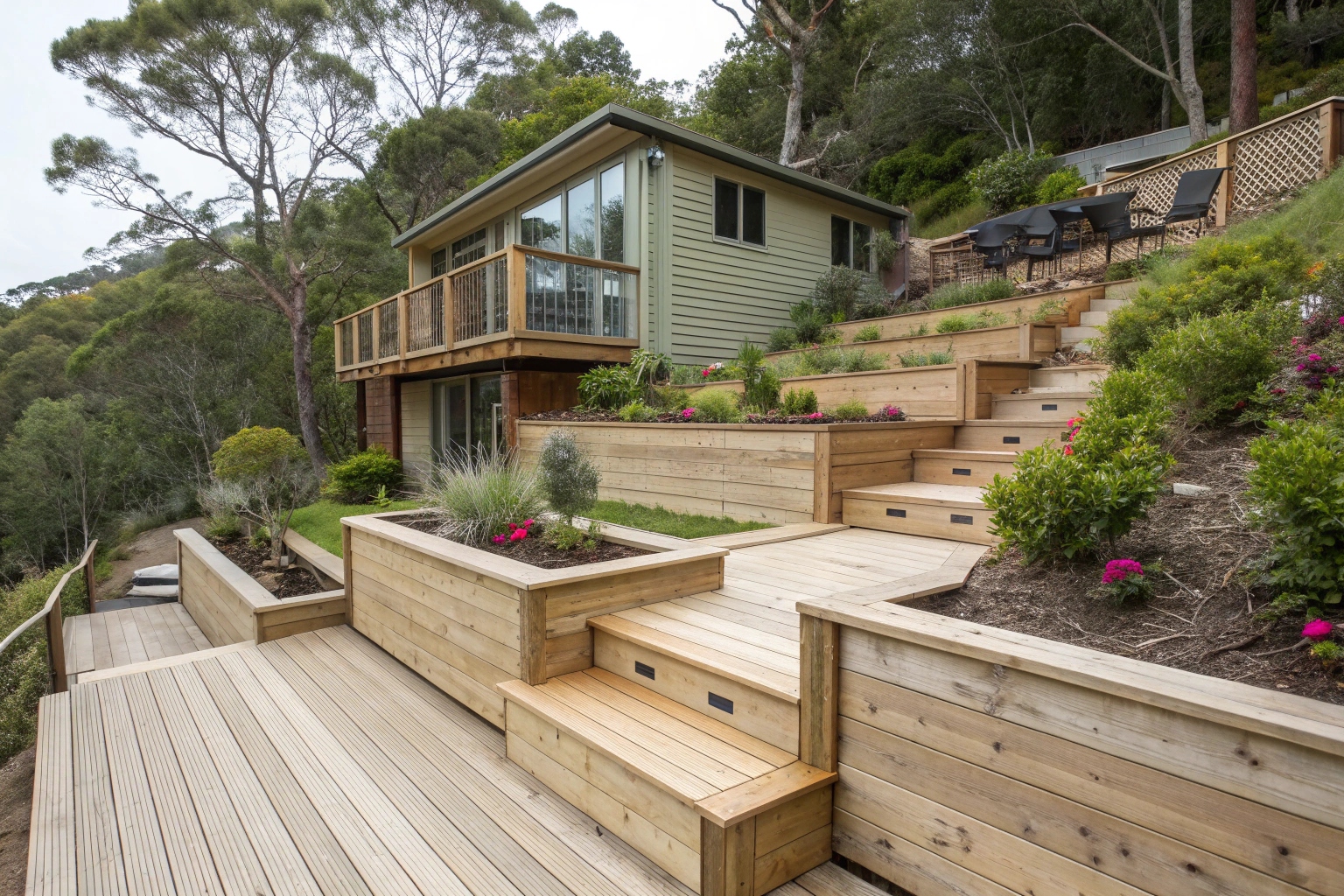Multi-level treated pine deck built on sloped Central Coast property