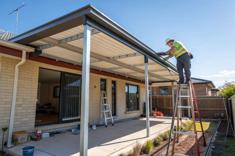 Professional tradesperson installing powder-coated steel verandah frame with Colorbond roofing